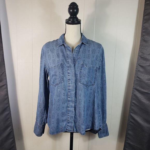 CLOTH AND STONE Blue Chambray Ikat Tribal Pattern Button Down Shirt Size Small - Picture 1 of 4